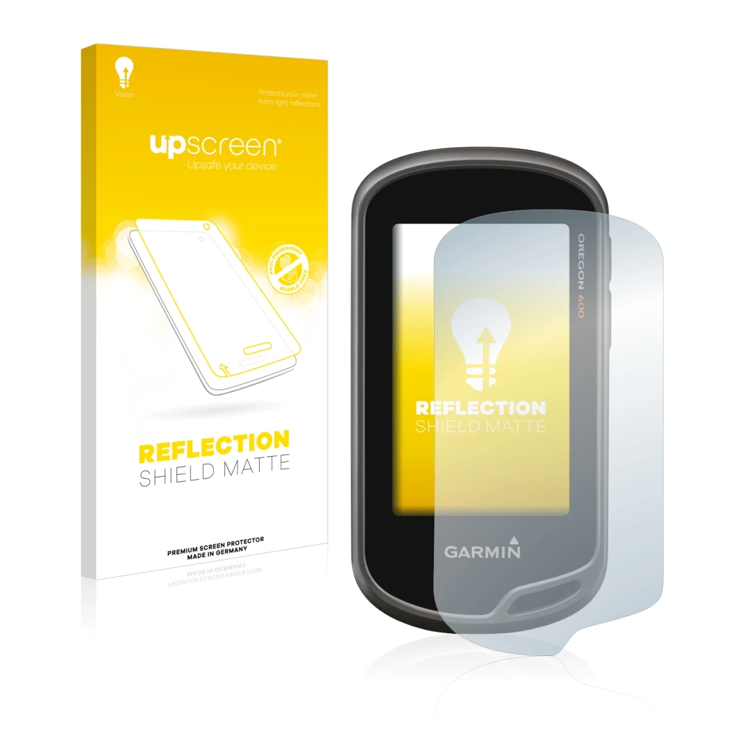 Parte frontal de un envase de producto con el logotipo de la marca upscreen. Al lado se muestra el dispositivo Garmin Oregon 6