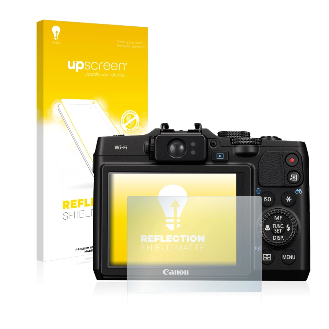 Parte frontal de un envase de producto con el logotipo de la marca upscreen. Al lado se muestra el dispositivo Canon PowerShot