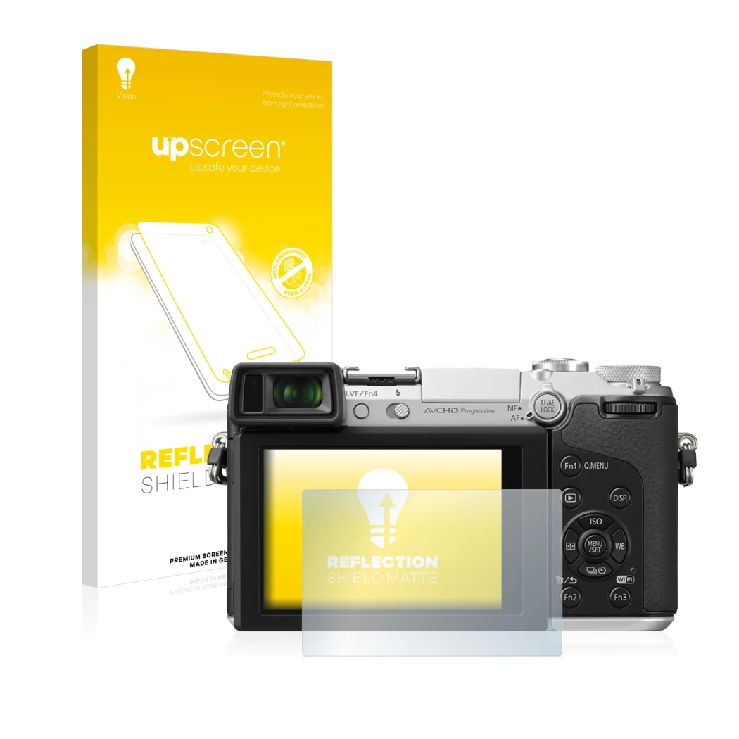 Parte frontal de un envase de producto con el logotipo de la marca upscreen. Al lado se muestra el dispositivo Panasonic Lumix