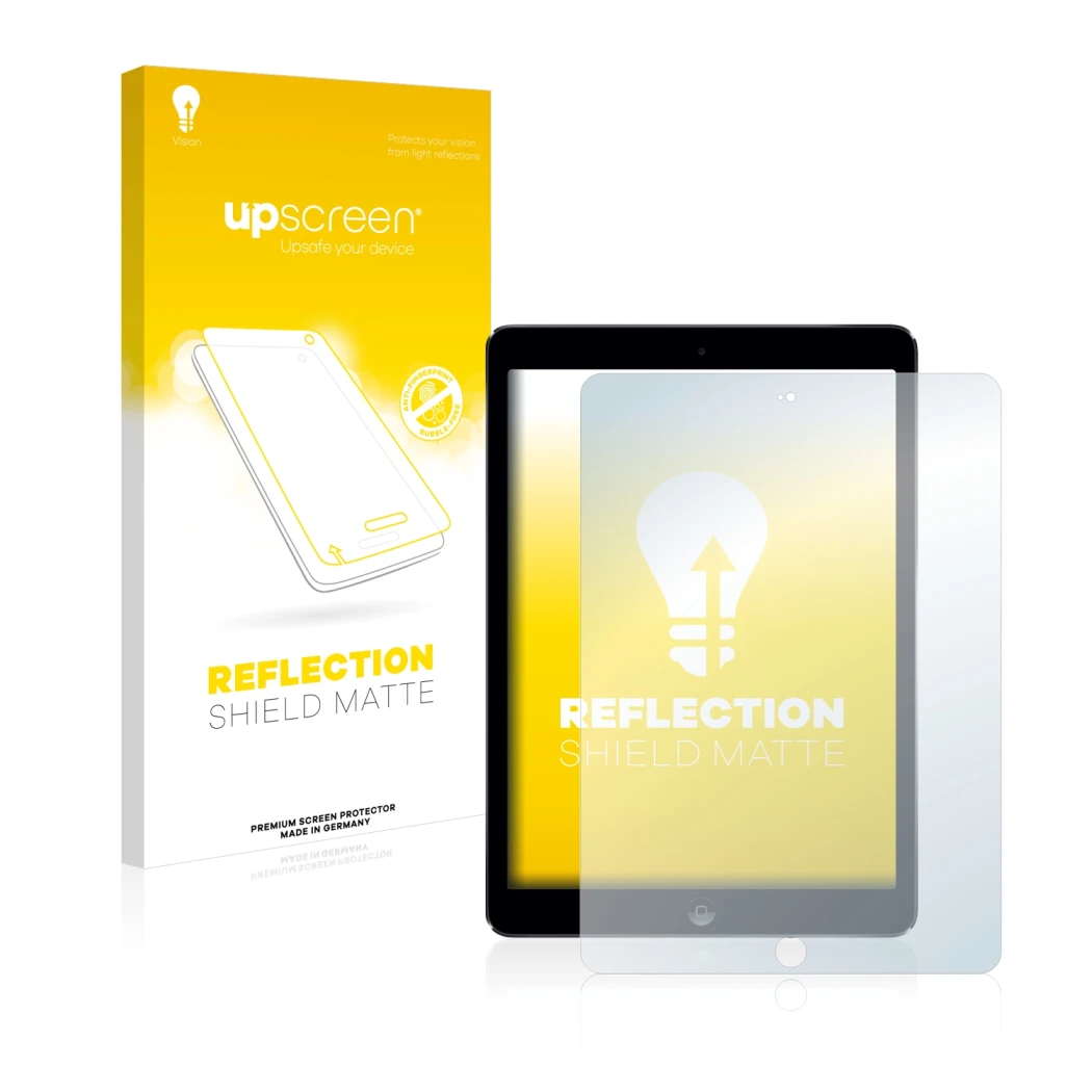Parte frontal de un envase de producto con el logotipo de la marca upscreen. Al lado se muestra el dispositivo Apple iPad Air
