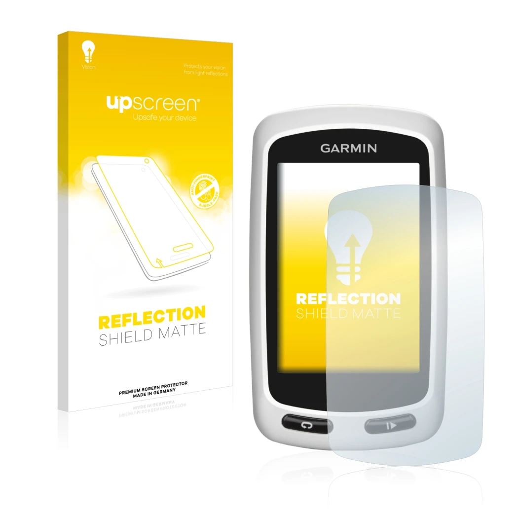 Parte frontal de un envase de producto con el logotipo de la marca upscreen. Al lado se muestra el dispositivo Garmin Edge Tou