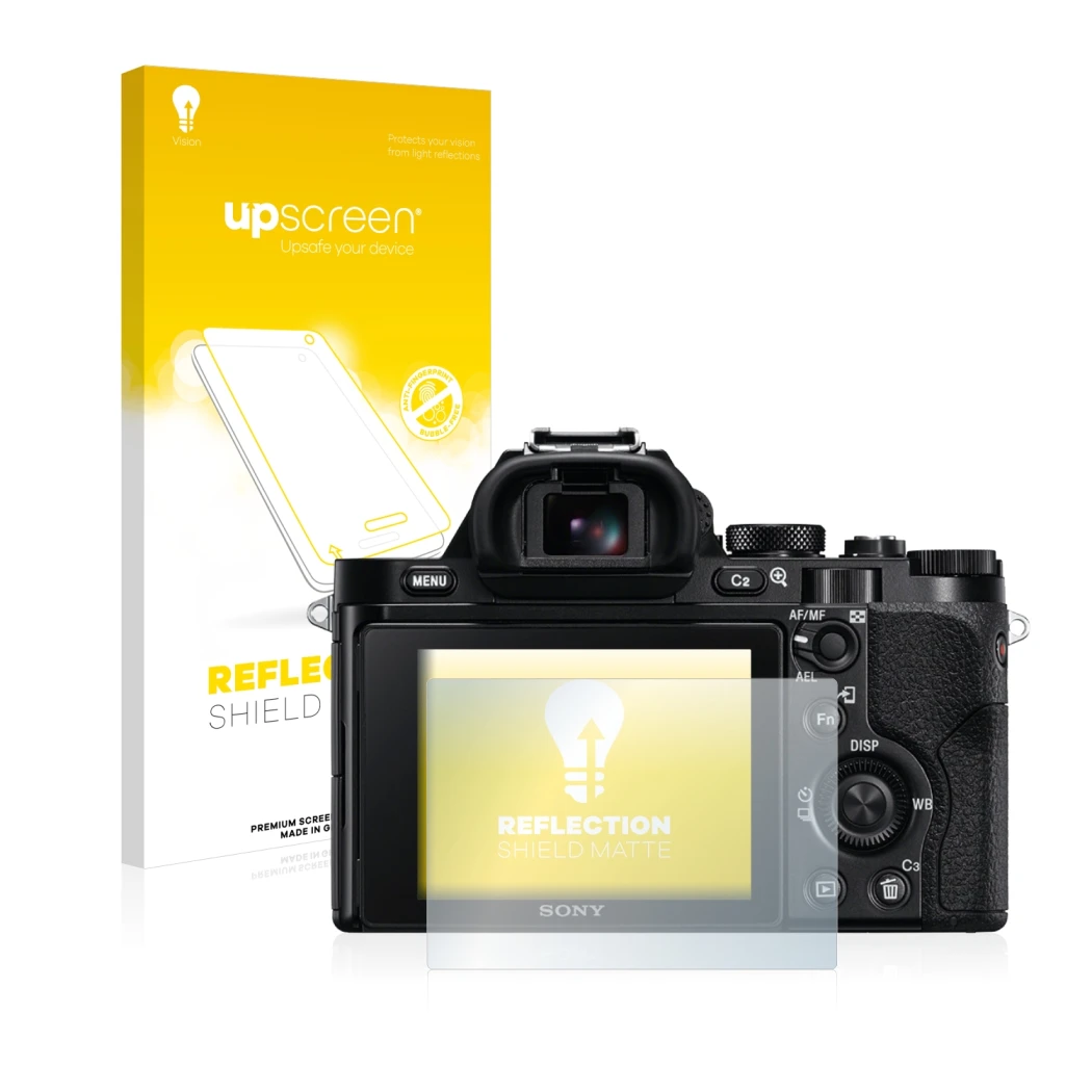 Parte frontal de un envase de producto con el logotipo de la marca upscreen. Al lado se muestra el dispositivo Sony Alpha 7R (