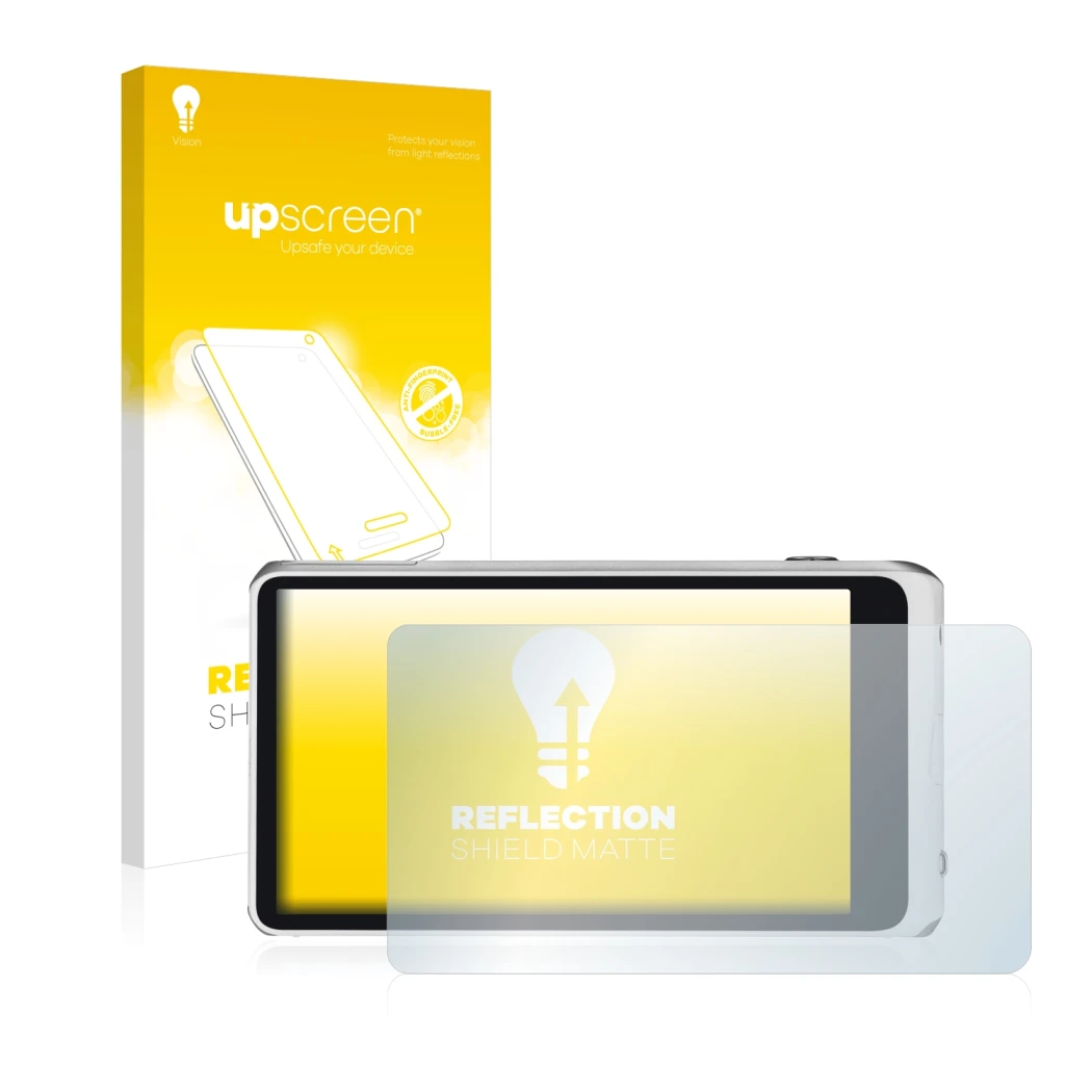 Parte frontal de un envase de producto con el logotipo de la marca upscreen. Al lado se muestra el dispositivo Samsung Galaxy 