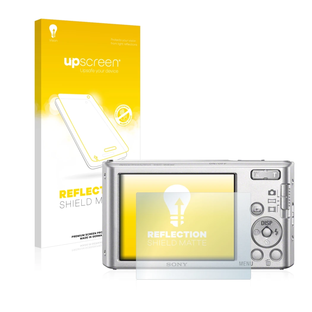 Parte frontal de un envase de producto con el logotipo de la marca upscreen. Al lado se muestra el dispositivo Sony Cyber-Shot