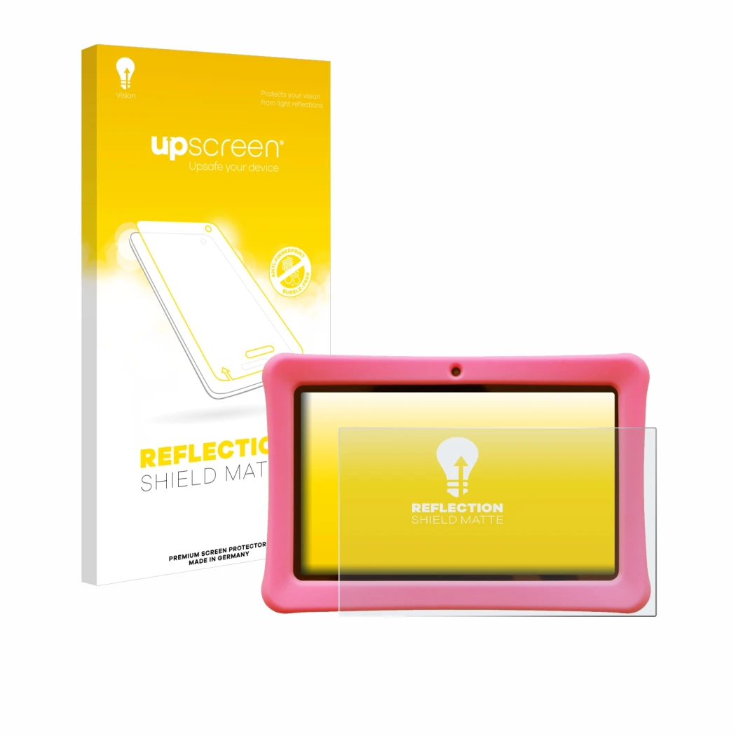 Parte frontal de un envase de producto con el logotipo de la marca upscreen. Al lado se muestra el dispositivo Contixo Kids 7