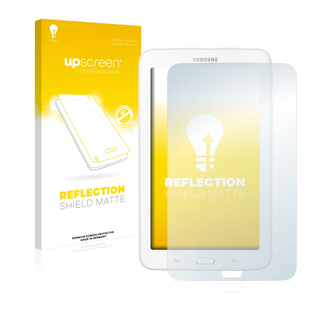 Parte frontal de un envase de producto con el logotipo de la marca upscreen. Al lado se muestra el dispositivo Samsung Galaxy