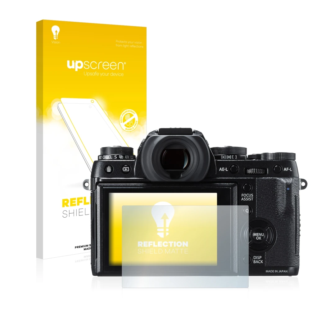 Parte frontal de un envase de producto con el logotipo de la marca upscreen. Al lado se muestra el dispositivo Fujifilm X-T1 c