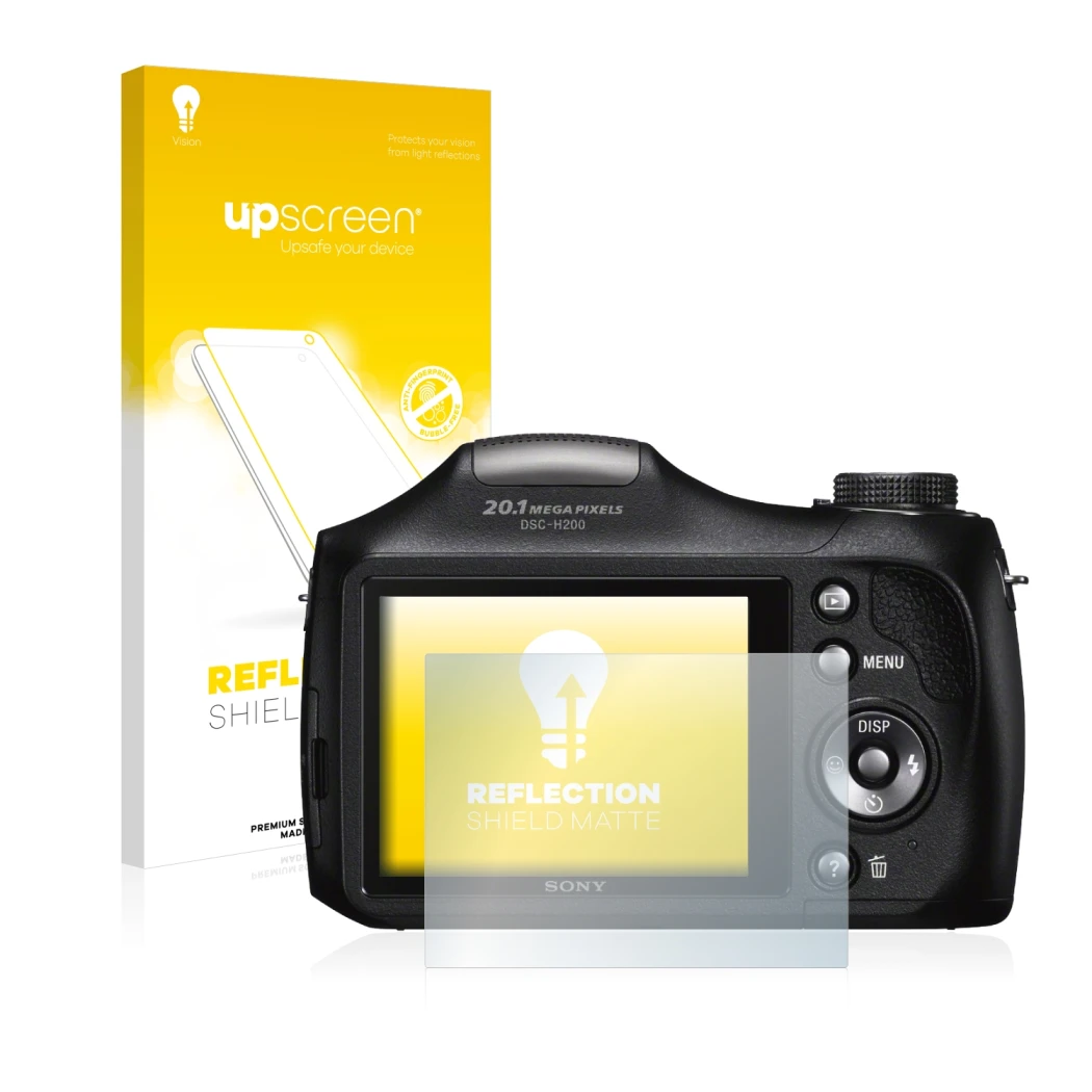 Parte frontal de un envase de producto con el logotipo de la marca upscreen. Al lado se muestra el dispositivo Sony Cyber-Shot