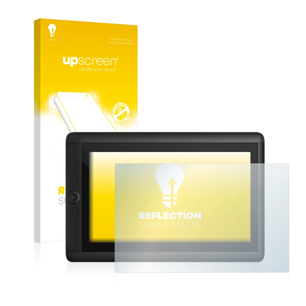 Parte frontal de un envase de producto con el logotipo de la marca upscreen. Al lado se muestra el dispositivo Wacom Cintiq 13