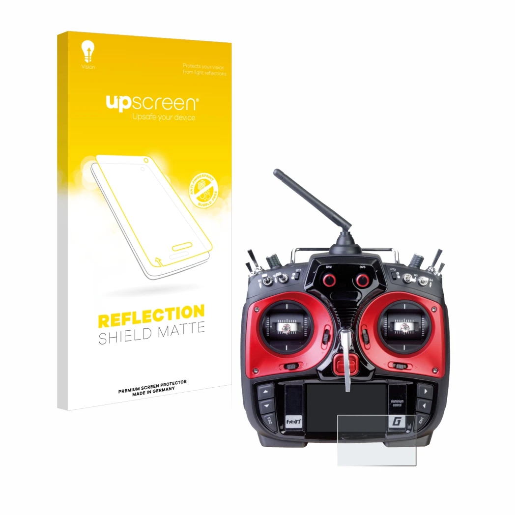 Parte frontal de un envase de producto con el logotipo de la marca upscreen. Al lado se muestra el dispositivo Graupner MZ-24