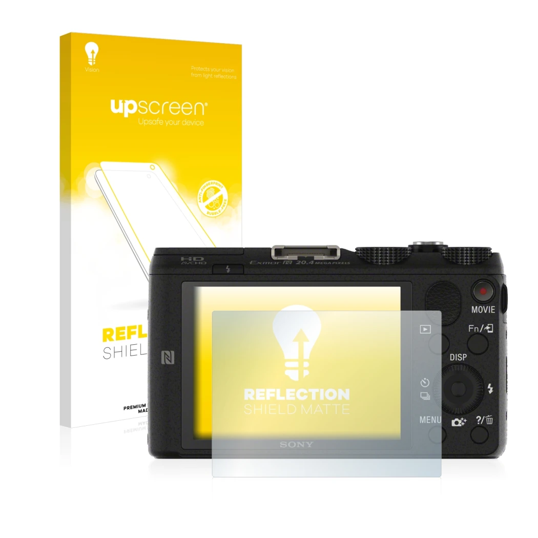 Parte frontal de un envase de producto con el logotipo de la marca upscreen. Al lado se muestra el dispositivo Sony Cyber-Shot
