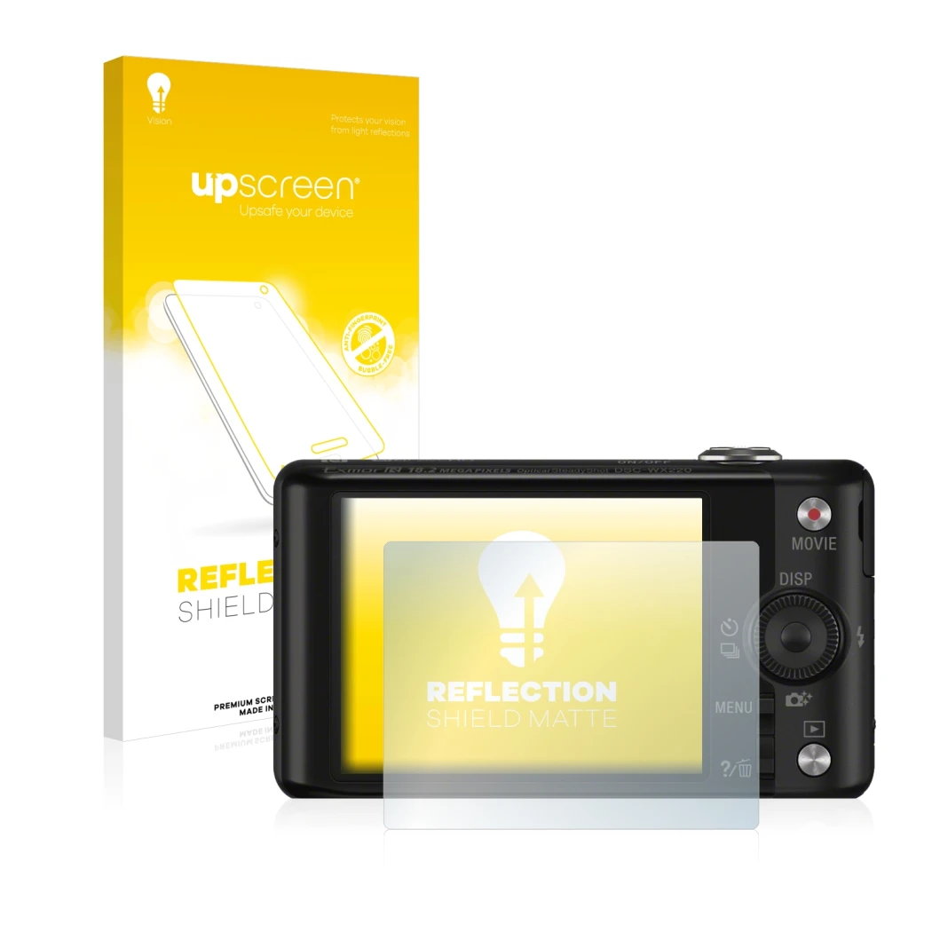 Parte frontal de un envase de producto con el logotipo de la marca upscreen. Al lado se muestra el dispositivo Sony Cyber-Shot