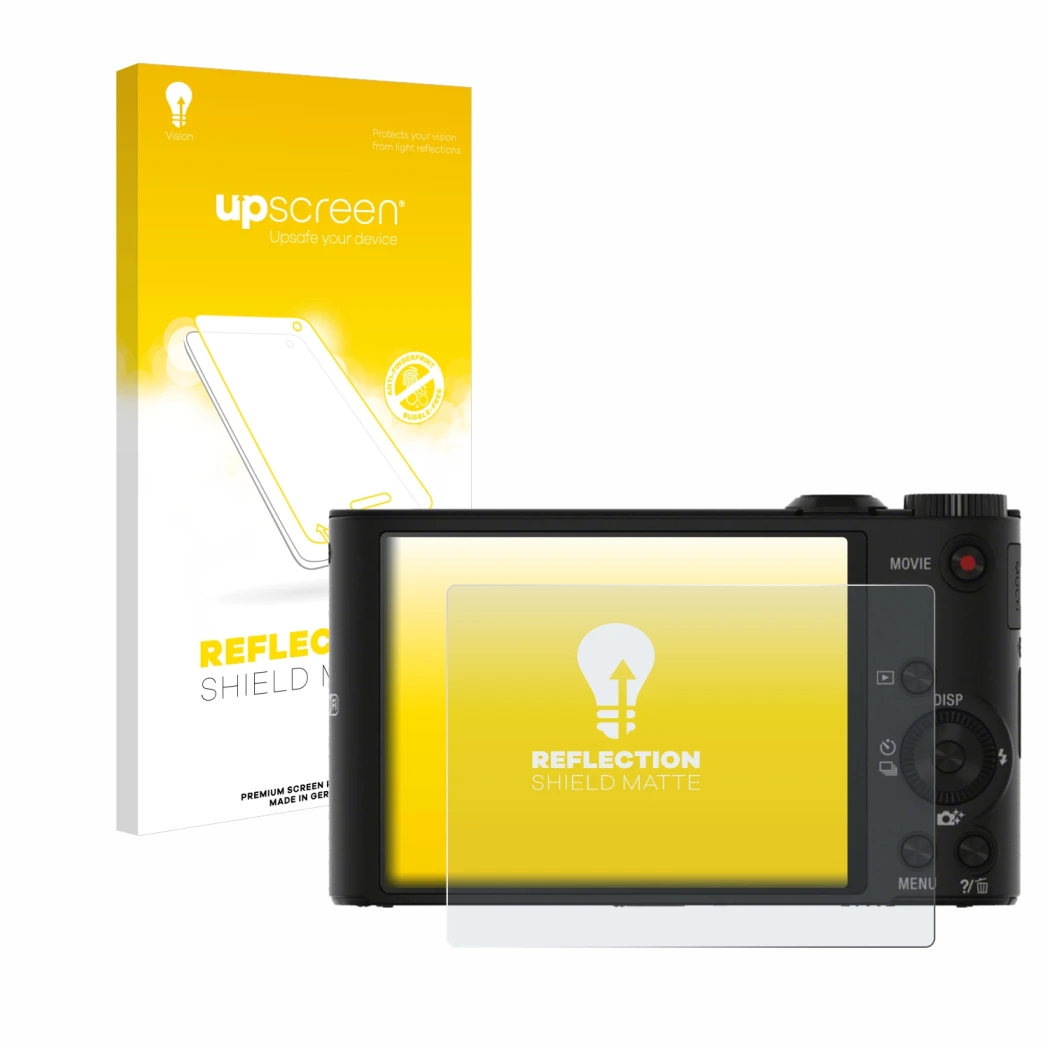 Parte frontal de un envase de producto con el logotipo de la marca upscreen. Al lado se muestra el dispositivo Sony Cyber-Shot