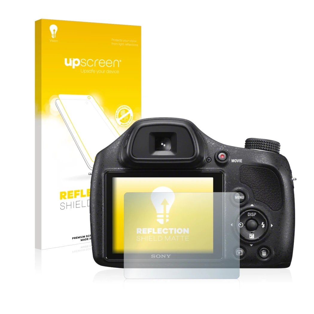 Parte frontal de un envase de producto con el logotipo de la marca upscreen. Al lado se muestra el dispositivo Sony Cyber-Shot