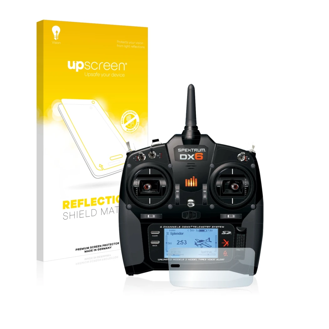 Parte frontal de un envase de producto con el logotipo de la marca upscreen. Al lado se muestra el dispositivo Spektrum DX6 co