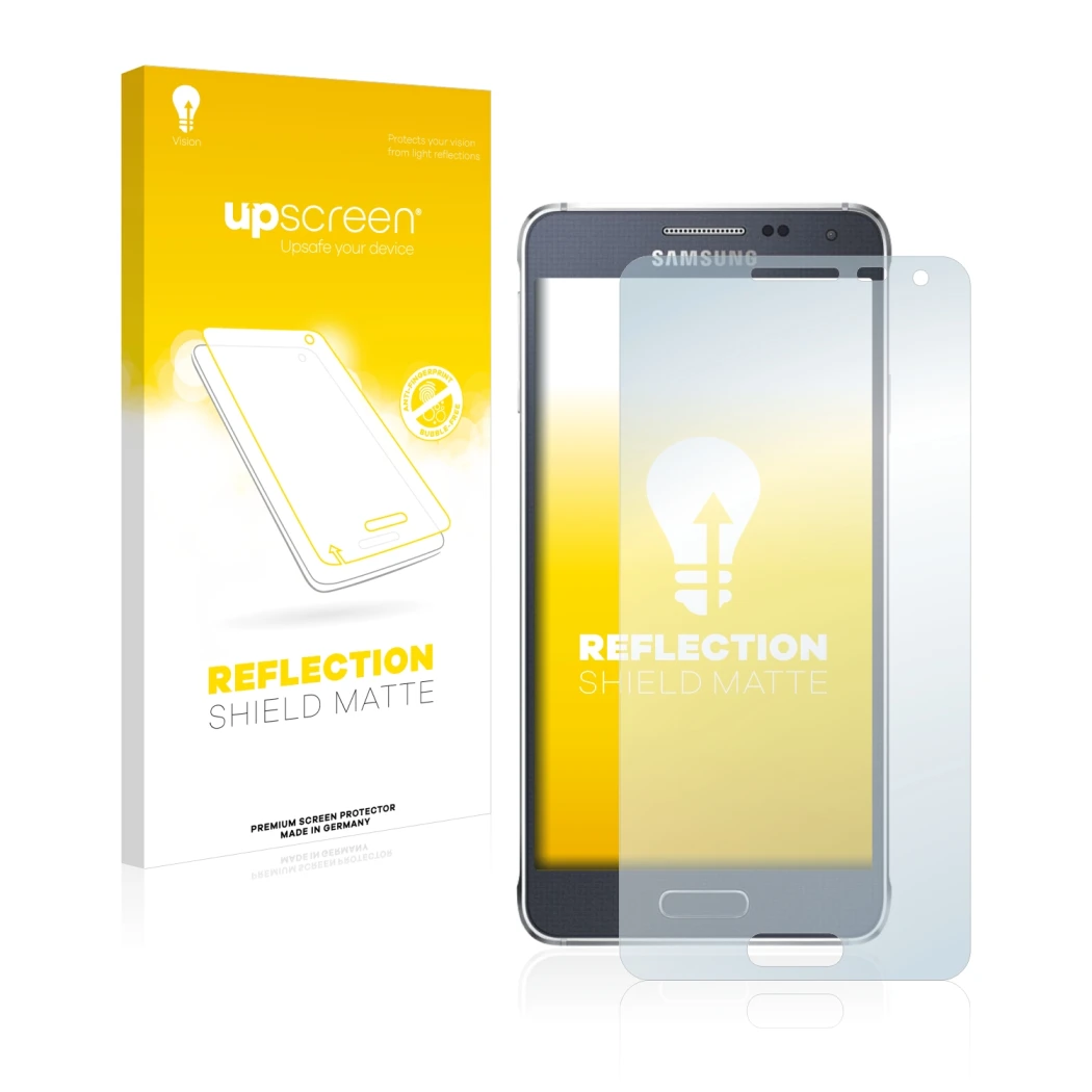 Parte frontal de un envase de producto con el logotipo de la marca upscreen. Al lado se muestra el dispositivo Samsung Galaxy