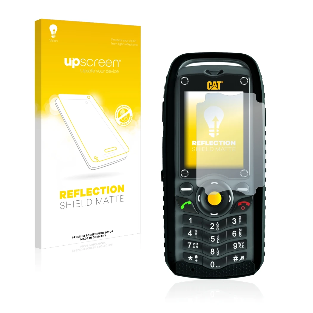 Parte frontal de un envase de producto con el logotipo de la marca upscreen. Al lado se muestra el dispositivo Caterpillar Cat