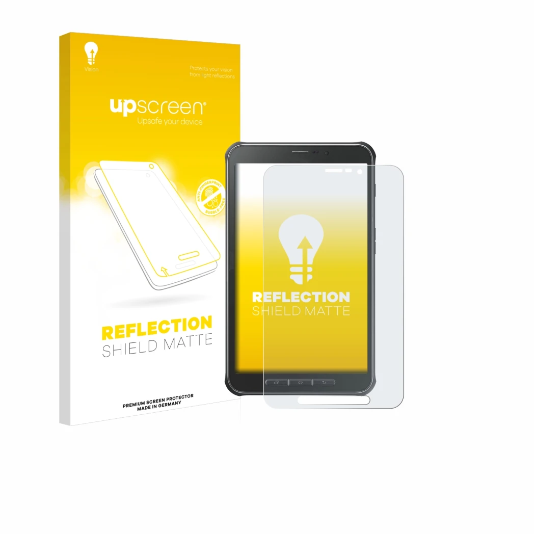 Parte frontal de un envase de producto con el logotipo de la marca upscreen. Al lado se muestra el dispositivo Samsung Galaxy 