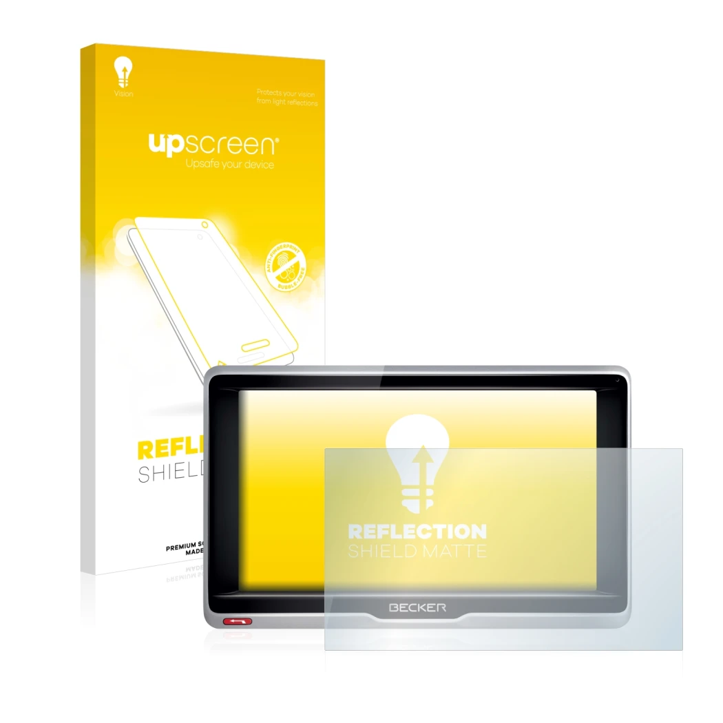 Parte frontal de un envase de producto con el logotipo de la marca upscreen. Al lado se muestra el dispositivo Becker Professi