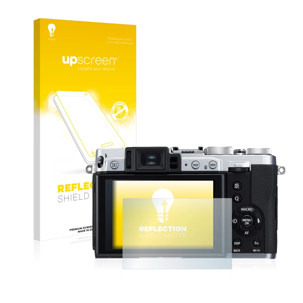 Parte frontal de un envase de producto con el logotipo de la marca upscreen. Al lado se muestra el dispositivo Fujifilm X30 co