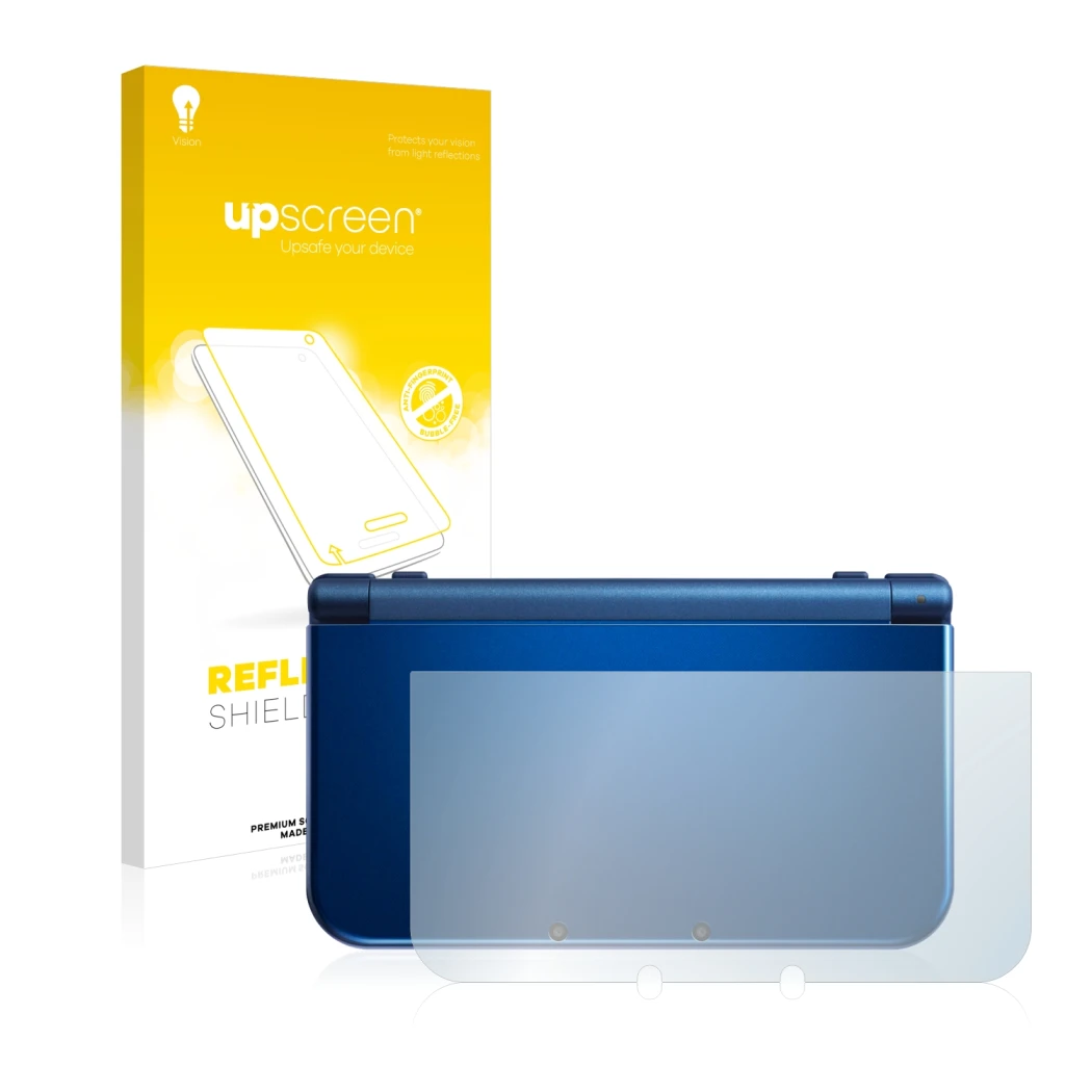 Parte frontal de un envase de producto con el logotipo de la marca upscreen. Al lado se muestra el dispositivo Nintendo New 3D