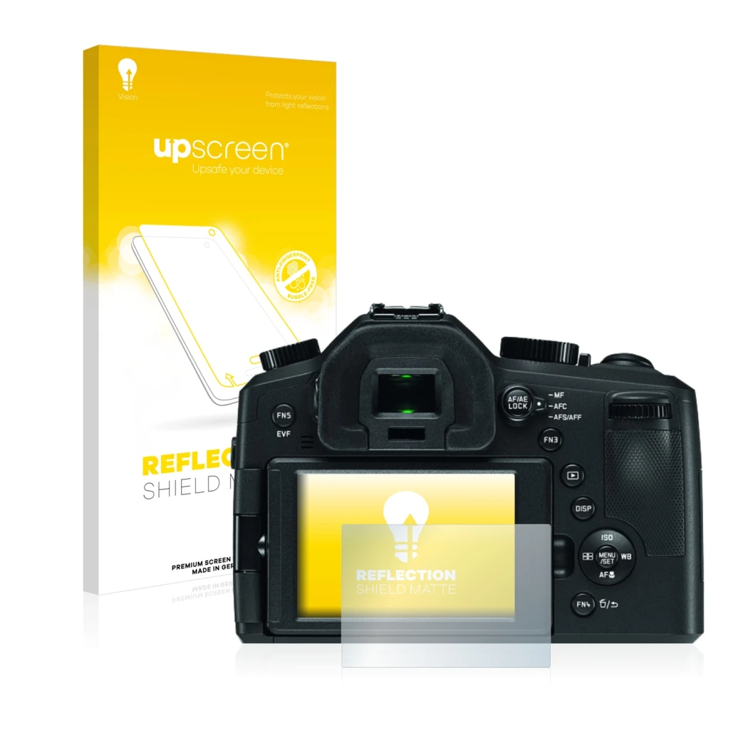 Parte frontal de un envase de producto con el logotipo de la marca upscreen. Al lado se muestra el dispositivo Leica V-LUX (Ty