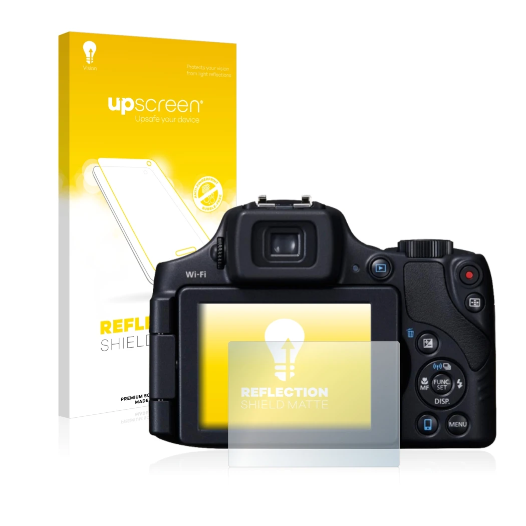 Parte frontal de un envase de producto con el logotipo de la marca upscreen. Al lado se muestra el dispositivo Canon PowerShot