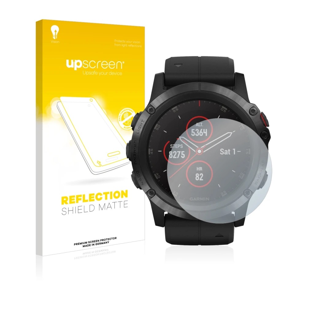 Parte frontal de un envase de producto con el logotipo de la marca upscreen. Al lado se muestra el dispositivo Suunto Ambit3 P
