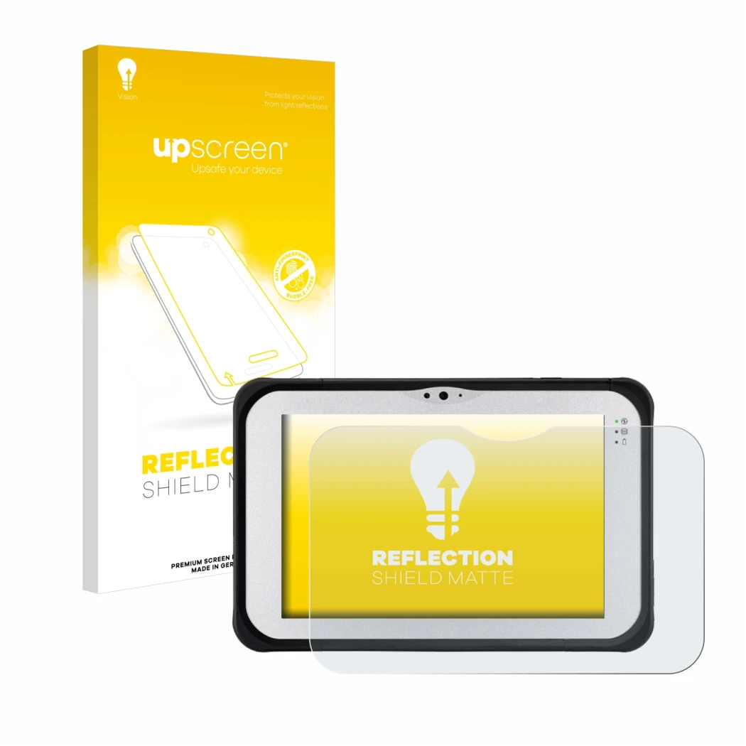 Parte frontal de un envase de producto con el logotipo de la marca upscreen. Al lado se muestra el dispositivo Panasonic Tough