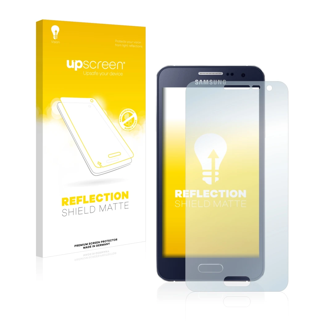 Parte frontal de un envase de producto con el logotipo de la marca upscreen. Al lado se muestra el dispositivo Samsung Galaxy