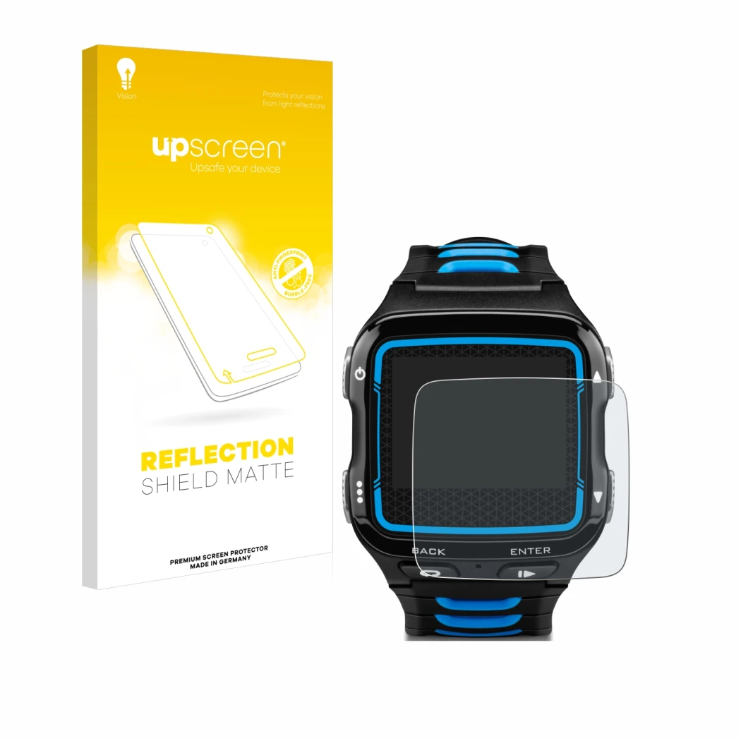Parte frontal de un envase de producto con el logotipo de la marca upscreen. Al lado se muestra el dispositivo Garmin Forerunn