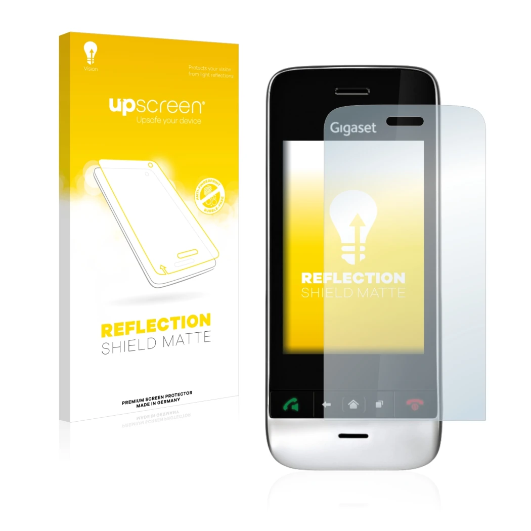 Parte frontal de un envase de producto con el logotipo de la marca upscreen. Al lado se muestra el dispositivo Gigaset SL910 (