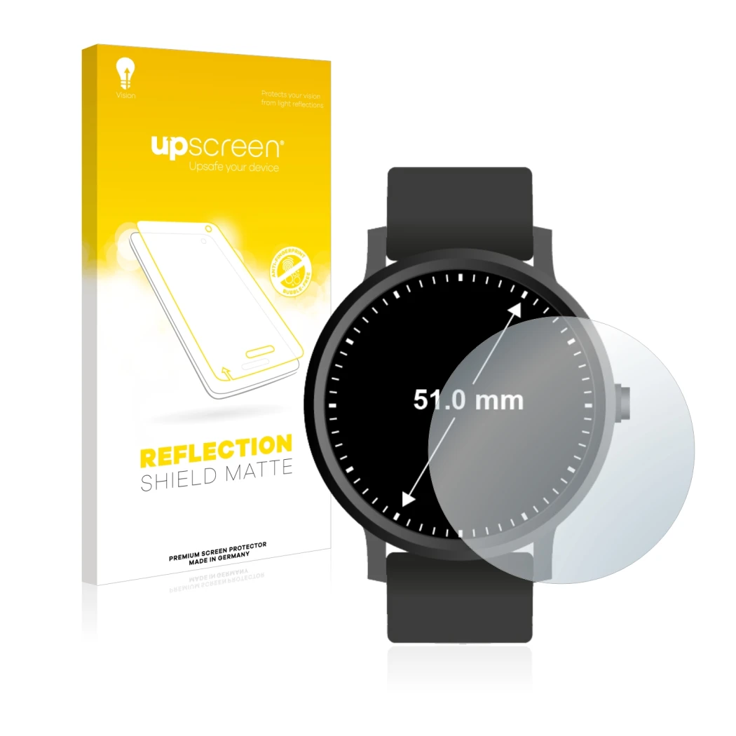 Parte frontal de un envase de producto con el logotipo de la marca upscreen. Al lado se muestra el dispositivo Relojes (Circul
