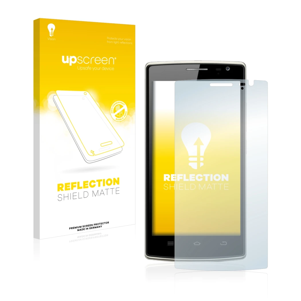 Parte frontal de un envase de producto con el logotipo de la marca upscreen. Al lado se muestra el dispositivo THL 5000T con s