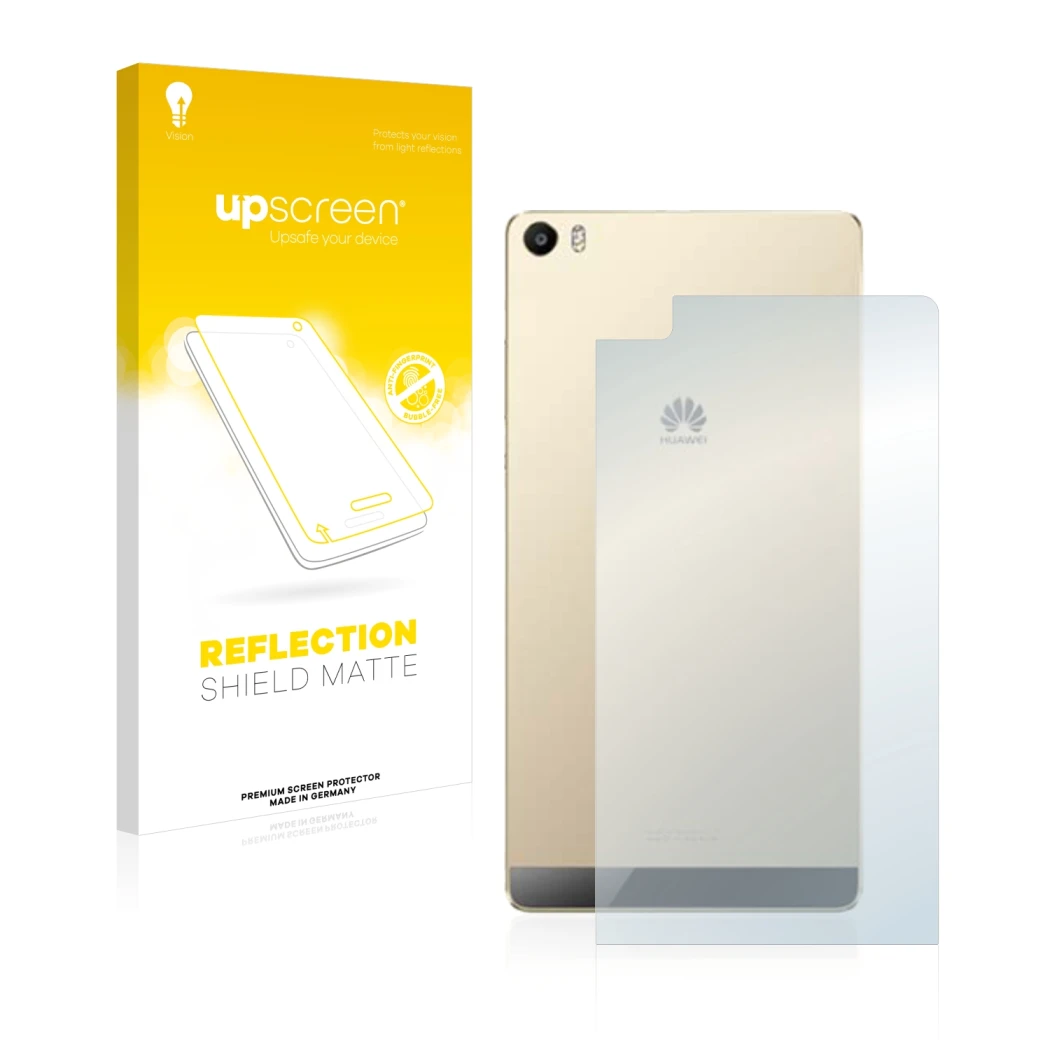Parte frontal de un envase de producto con el logotipo de la marca upscreen. Al lado se muestra el dispositivo Huawei P8 Max (