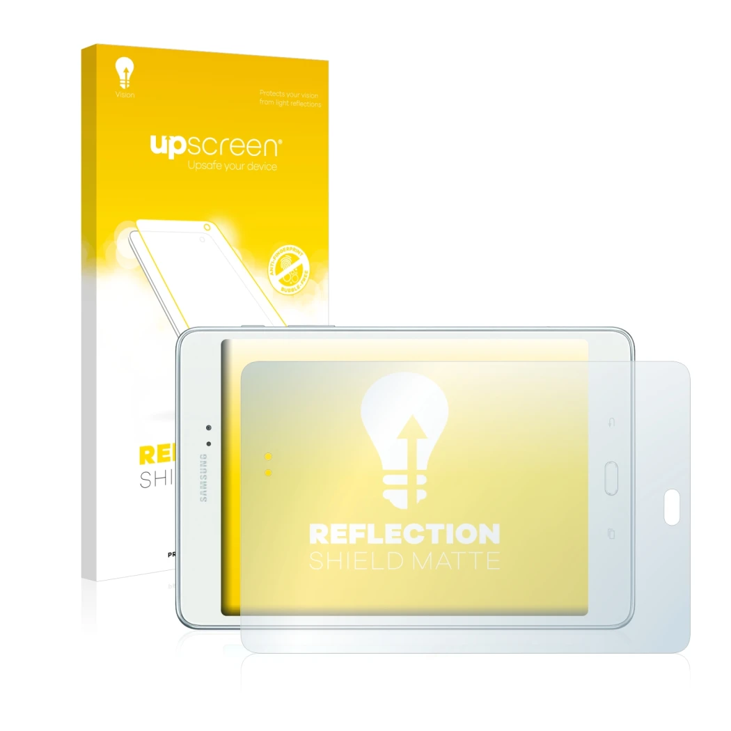 Parte frontal de un envase de producto con el logotipo de la marca upscreen. Al lado se muestra el dispositivo Samsung Galaxy