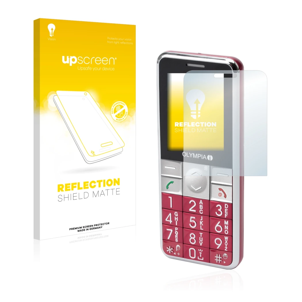 Parte frontal de un envase de producto con el logotipo de la marca upscreen. Al lado se muestra el dispositivo Olympia Viva Pl