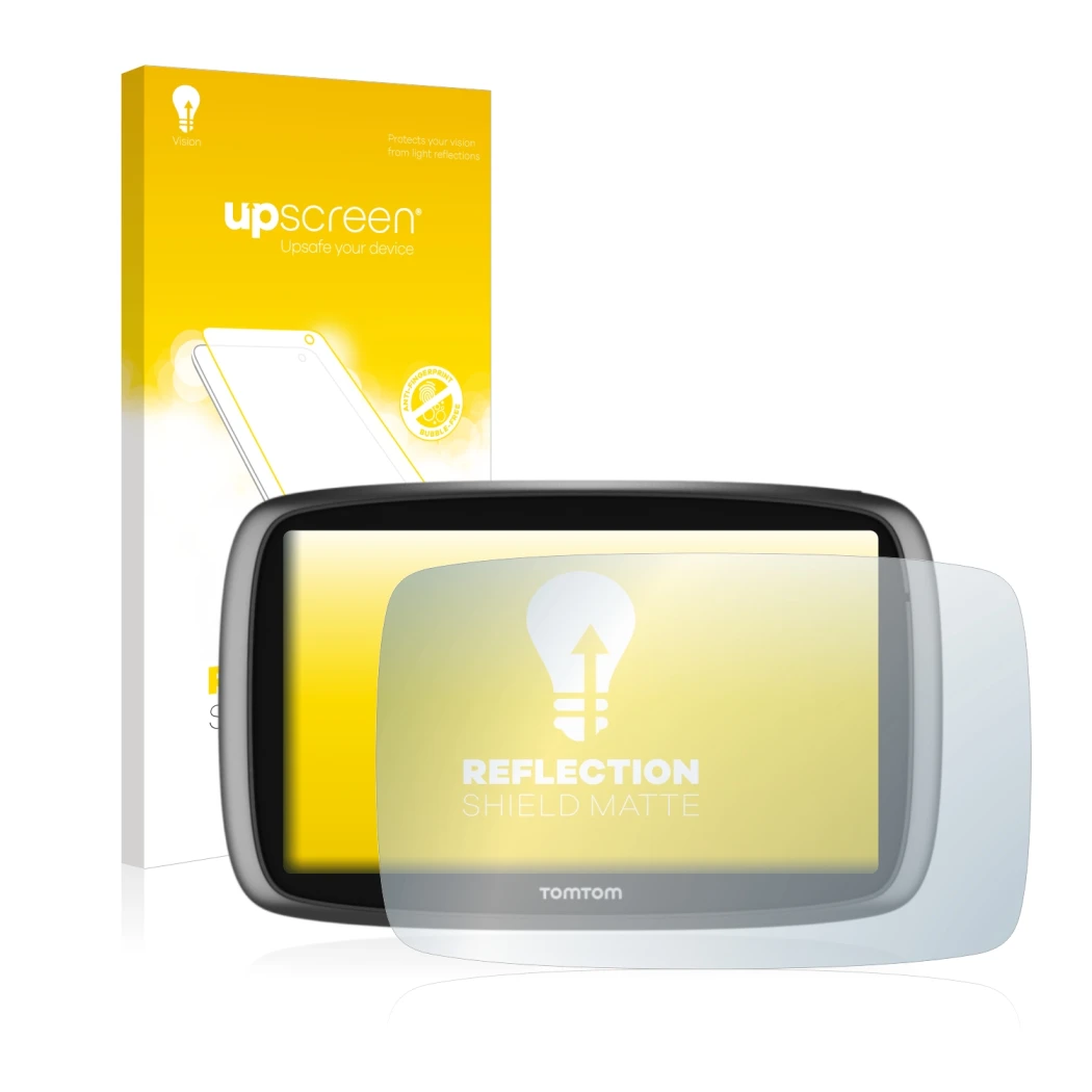 Parte frontal de un envase de producto con el logotipo de la marca upscreen. Al lado se muestra el dispositivo TomTom GO 6100 