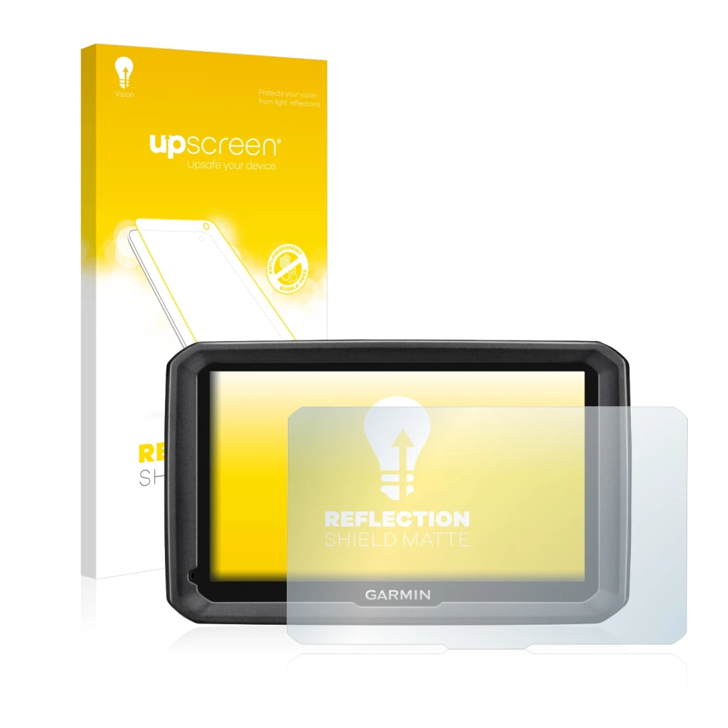 Parte frontal de un envase de producto con el logotipo de la marca upscreen. Al lado se muestra el dispositivo Garmin dezl 770