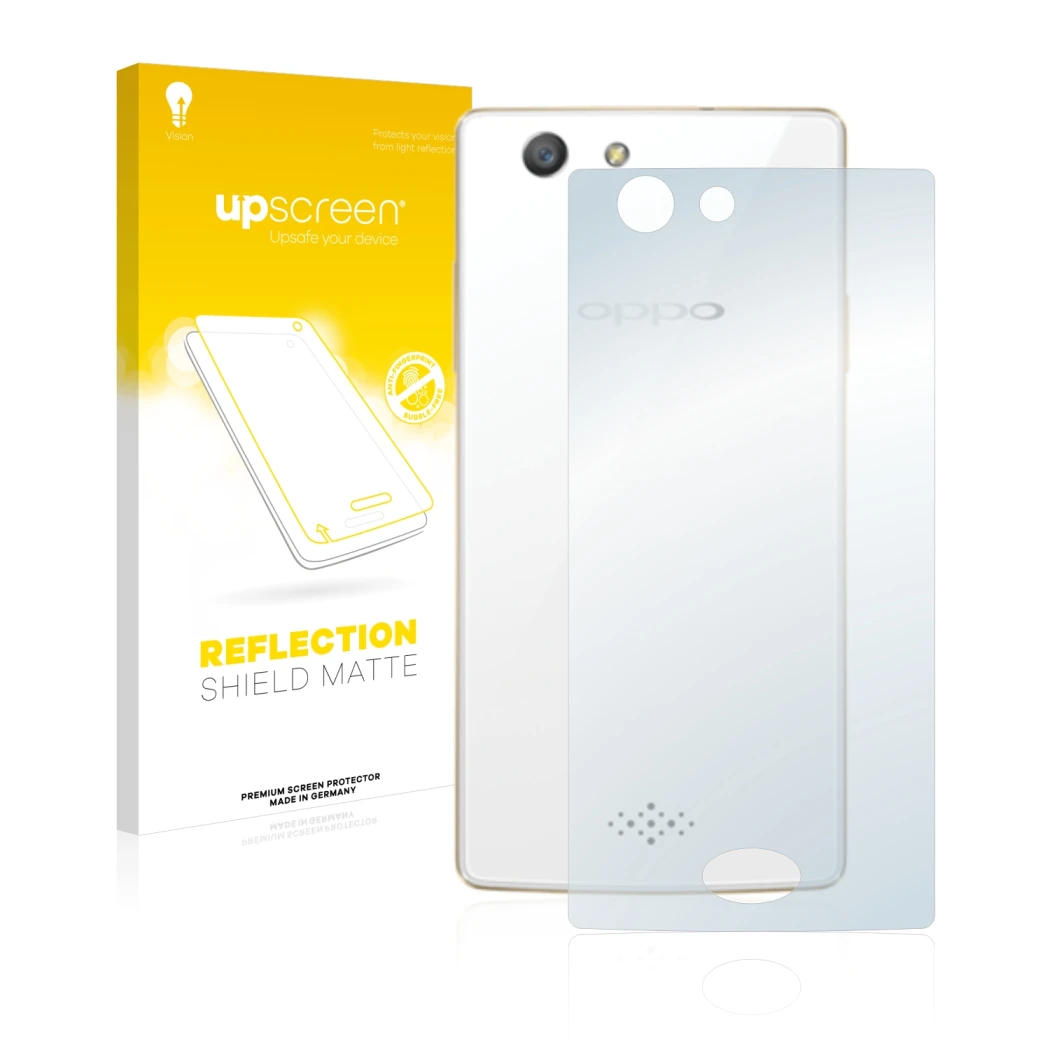 Parte frontal de un envase de producto con el logotipo de la marca upscreen. Al lado se muestra el dispositivo Oppo A31 2015 (