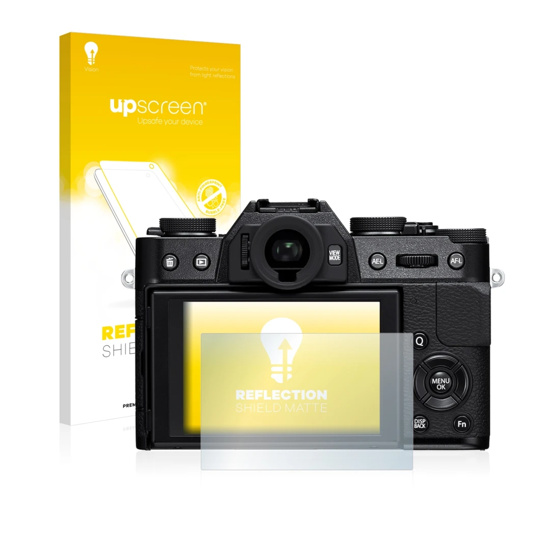 Parte frontal de un envase de producto con el logotipo de la marca upscreen. Al lado se muestra el dispositivo Fujifilm X-T10