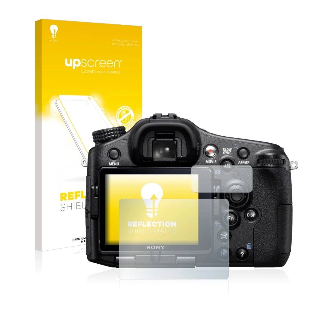 Parte frontal de un envase de producto con el logotipo de la marca upscreen. Al lado se muestra el dispositivo Sony Alpha 77 (