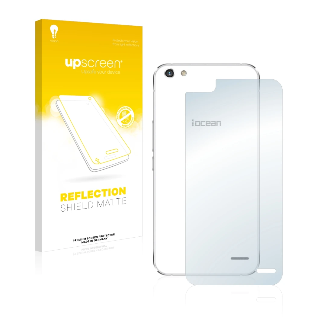 Parte frontal de un envase de producto con el logotipo de la marca upscreen. Al lado se muestra el dispositivo iOcean X9 (Tras