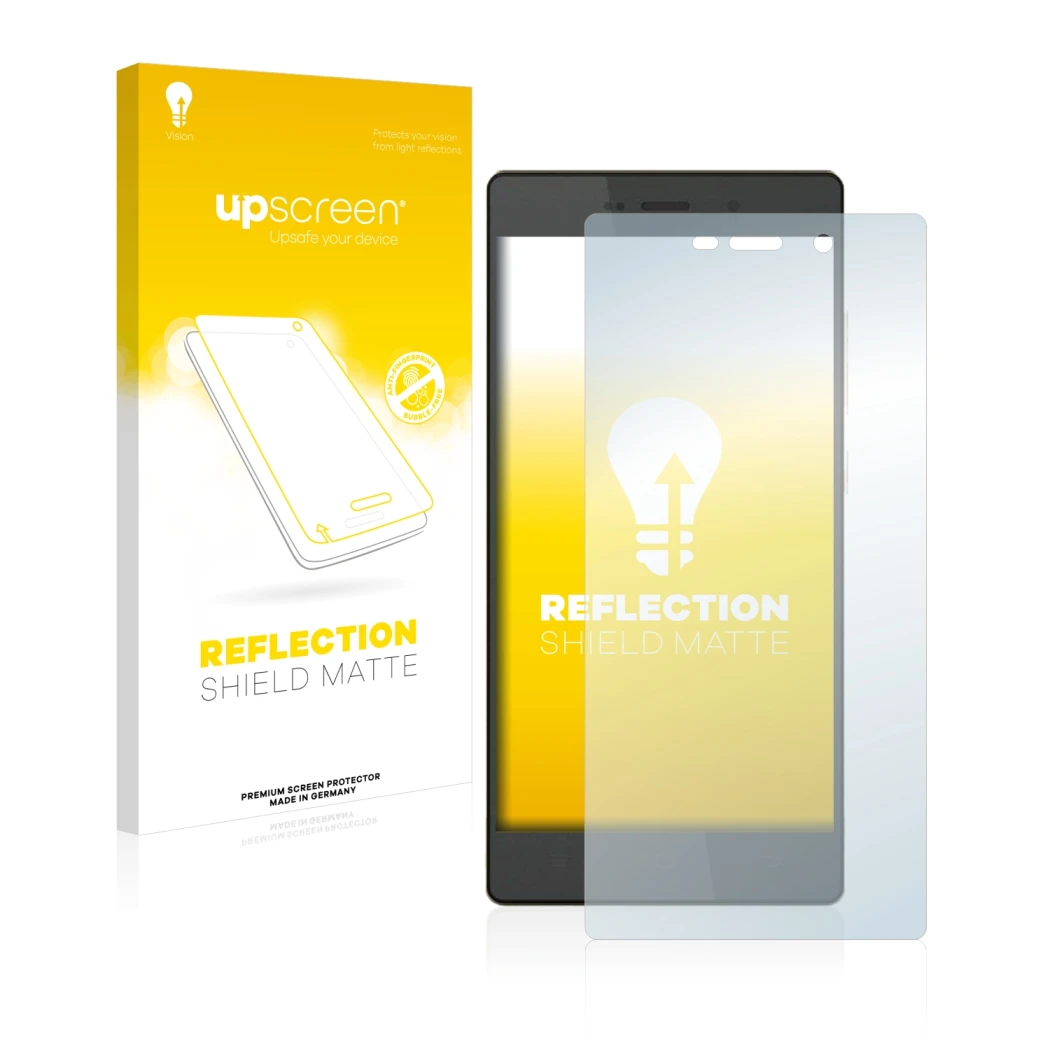 Parte frontal de un envase de producto con el logotipo de la marca upscreen. Al lado se muestra el dispositivo Hisense H910 co