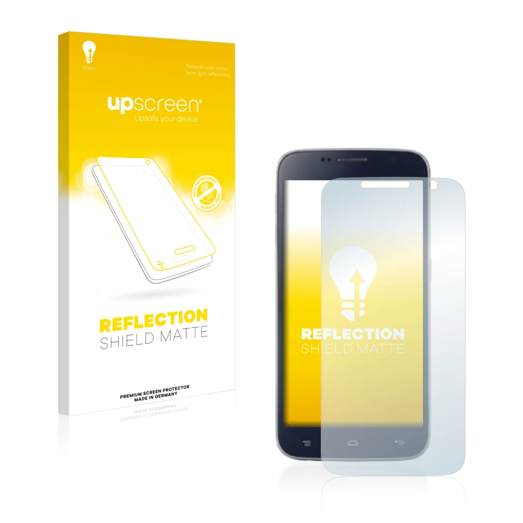 Parte frontal de un envase de producto con el logotipo de la marca upscreen. Al lado se muestra el dispositivo Landvo L8 con s