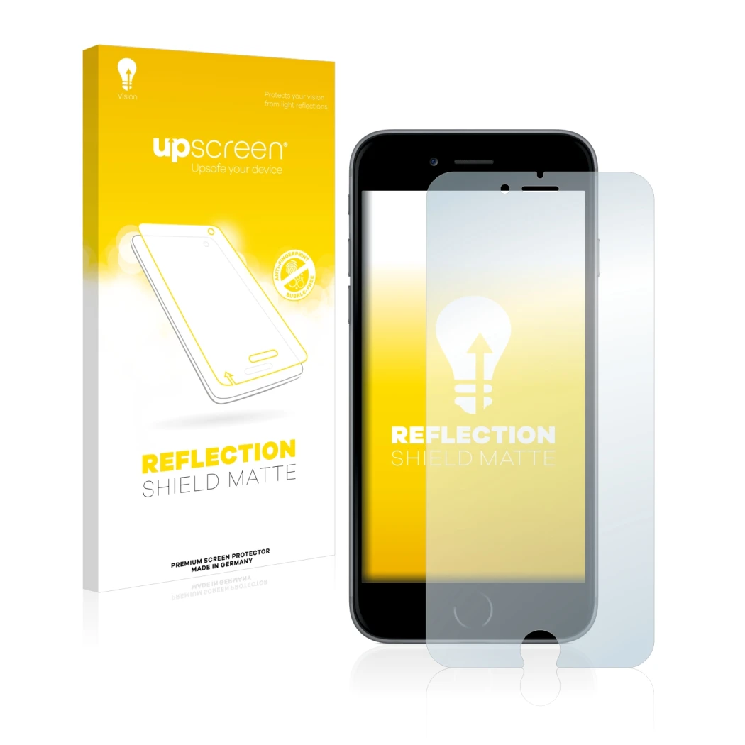 Parte frontal de un envase de producto con el logotipo de la marca upscreen. Al lado se muestra el dispositivo Apple iPhone 6S