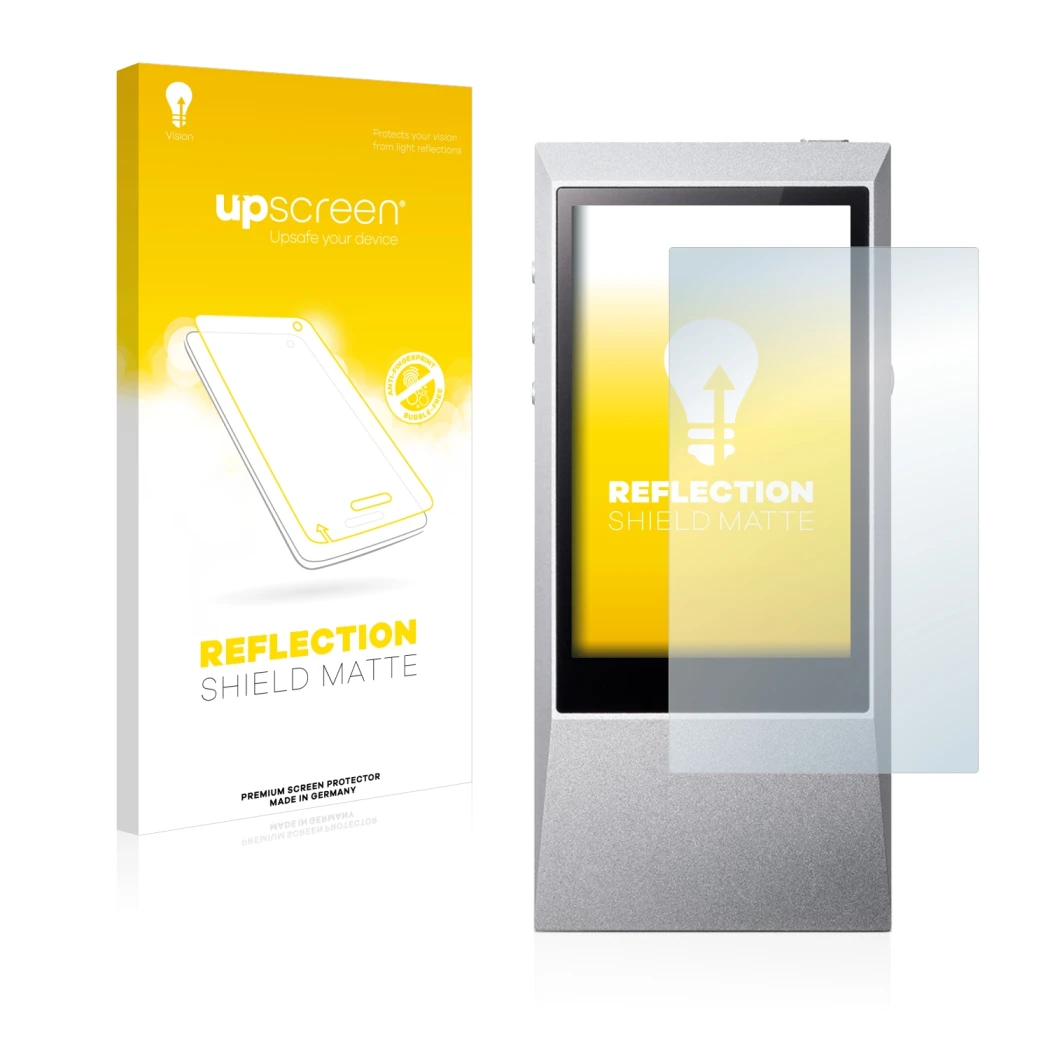 Parte frontal de un envase de producto con el logotipo de la marca upscreen. Al lado se muestra el dispositivo Astell&Kern AK 