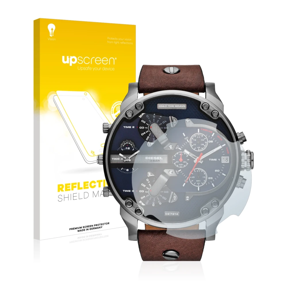 Parte frontal de un envase de producto con el logotipo de la marca upscreen. Al lado se muestra el dispositivo Diesel DZ7314 M