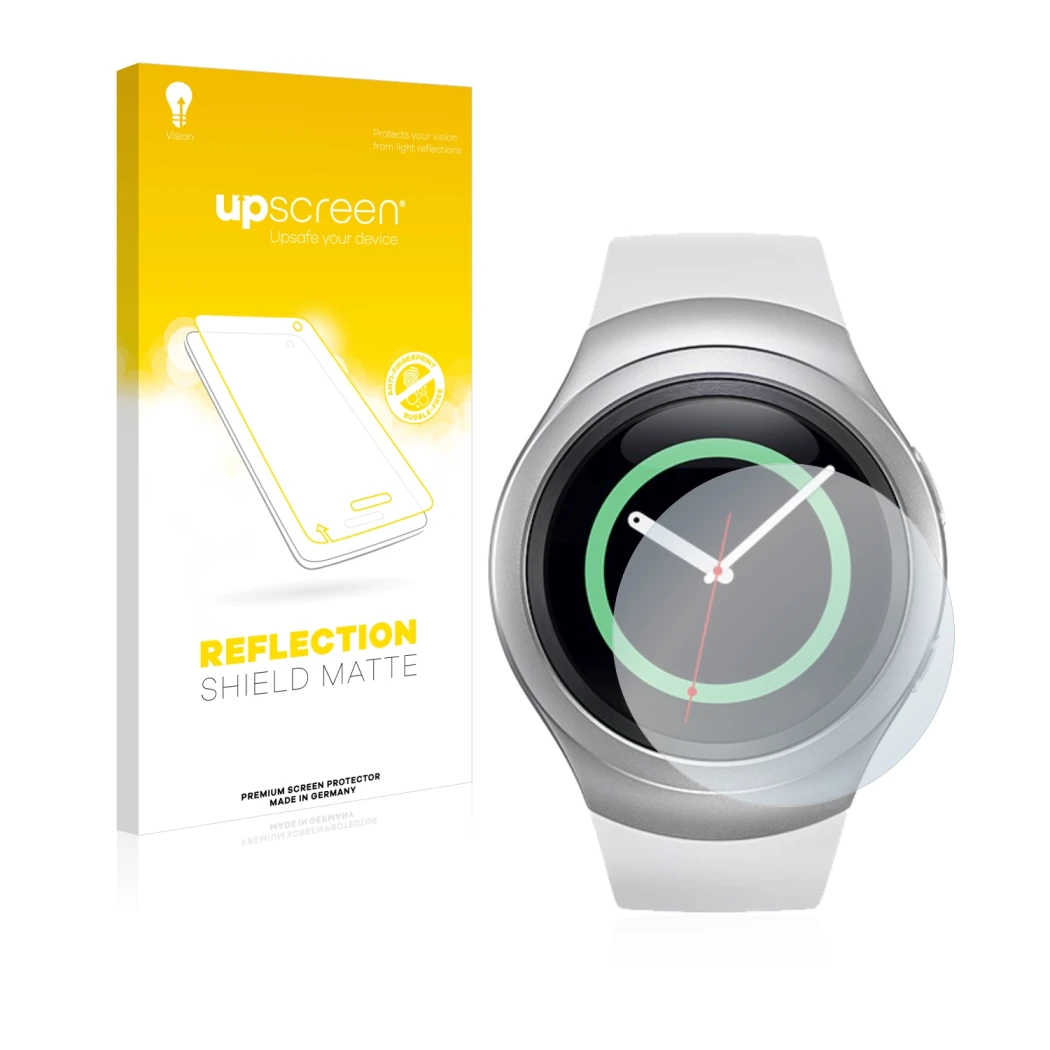 Parte frontal de un envase de producto con el logotipo de la marca upscreen. Al lado se muestra el dispositivo Samsung Gear S2