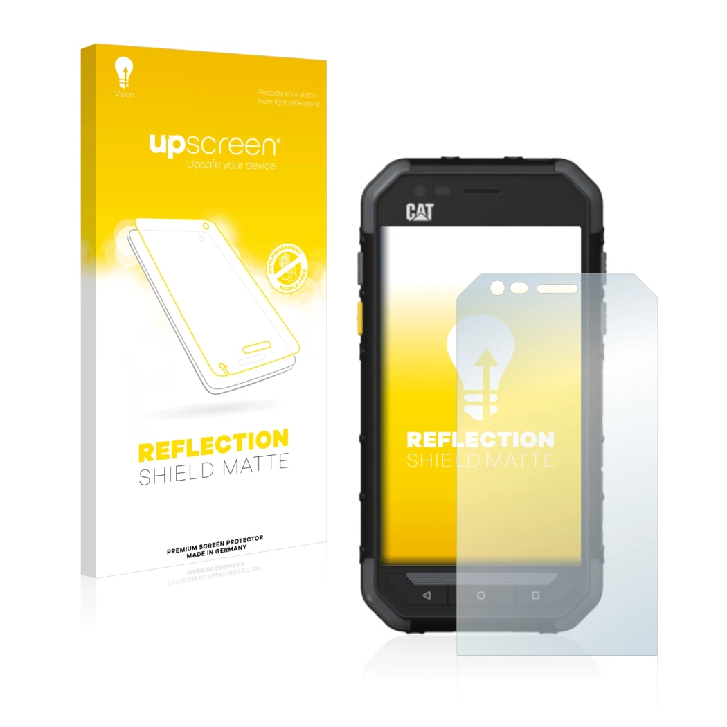Parte frontal de un envase de producto con el logotipo de la marca upscreen. Al lado se muestra el dispositivo Caterpillar Cat